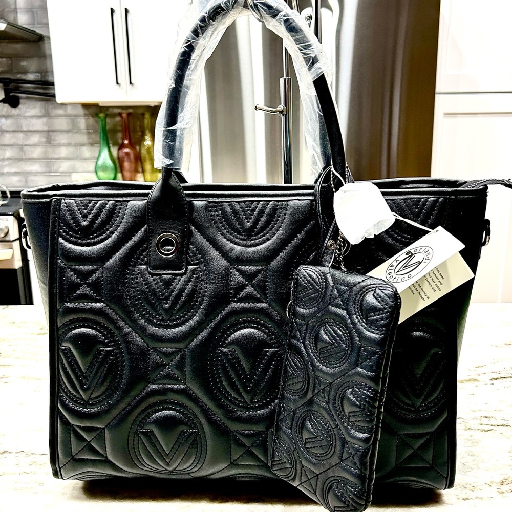 NWT Valentino Orlandi Black Vegan Leather Quilted Tote - Picture 2 of 9